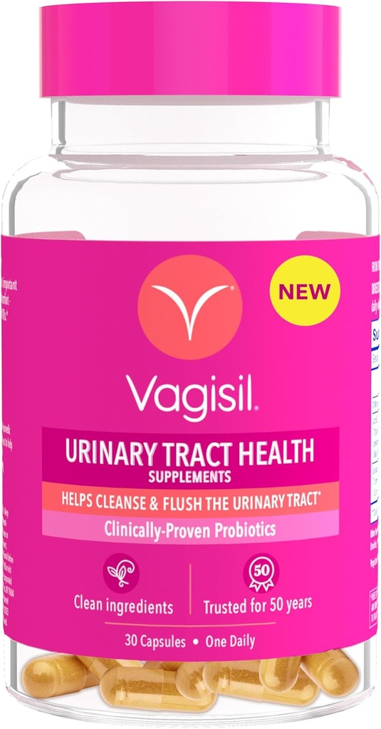 Vagisil Urinary Tract Suppléments de santé, Probiotiques éprouvés cliniquement, protège la santé du trac urinaire, ingrédients propres, aide à nettoyer et flush UTI-Causing Bactérie, 1 Capsule Daily, 30 Capsules