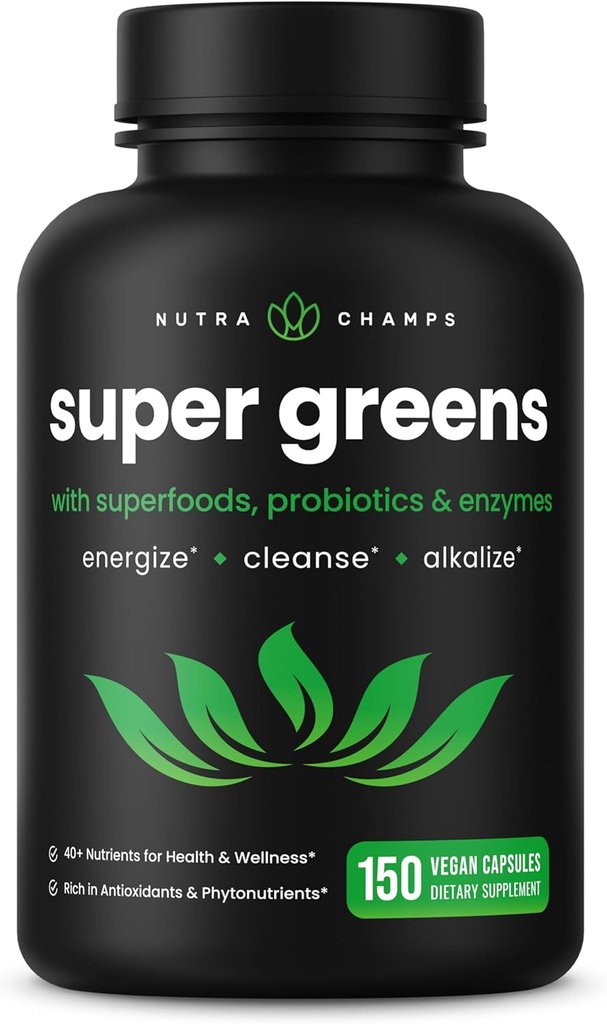 NutraChamps Capsules Super Verts Organiques - Alfalfa, Spiruline, Chlorella et plus - Mélanges Antioxydants, Enzymes Digestifs et Probiotiques - 150 Capsules Super aliments Verts