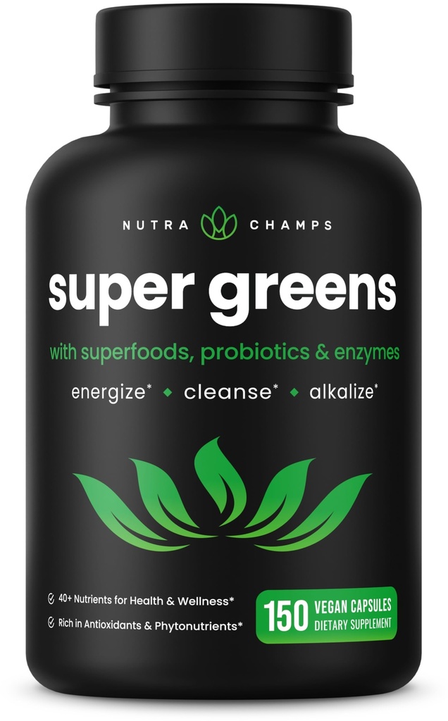 NutraChamps Capsules Super Verts Organiques - Alfalfa, Spiruline, Chlorella et plus - Mélanges Antioxydants, Enzymes Digestifs et Probiotiques - 150 Capsules Super aliments Verts