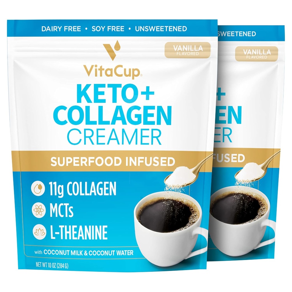 VitaCup Keto + Collagen Cafe Creamer Vanilla Flavor w/MCT, Collagen Protein, Eau de coco, L-Theanine pour la diète de Keto, Café, Smoothies, & Shakes, Sans lait, Sans gluten, Sans soja, 2 sacs, 10 oz chacun
