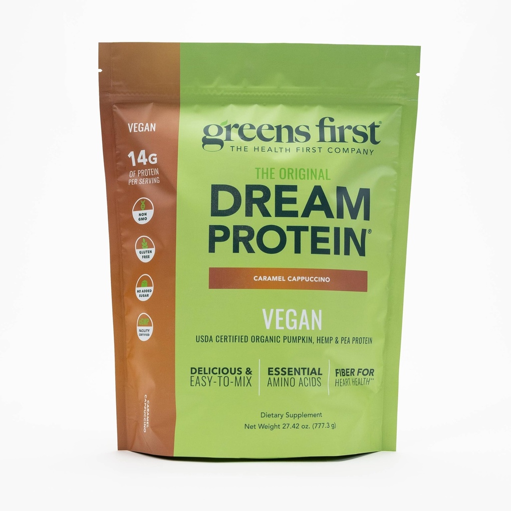 Greens First Dream Protein Plant-Based Vegan Powder - USDA Organic Pumpkin, Hemp & Pea Protein - Gluten-Free, Non-GMO, No Added Sugar (Caramel Cappuccino, 27.42 oz)