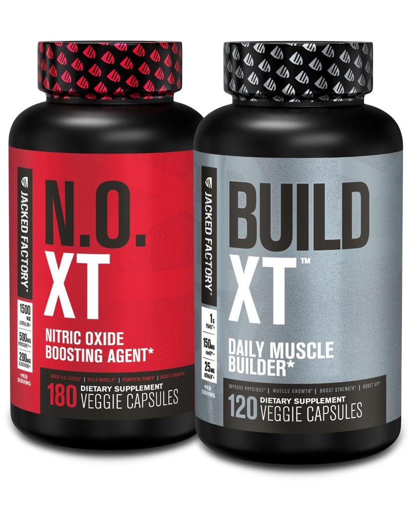 Jacked Factory Muscle Builder Supplement Stack - Build-XT Muscle Builder & N.O. XT Agent de boosting d'oxyde nitrique pour le double support (60 jours d'approvisionnement)