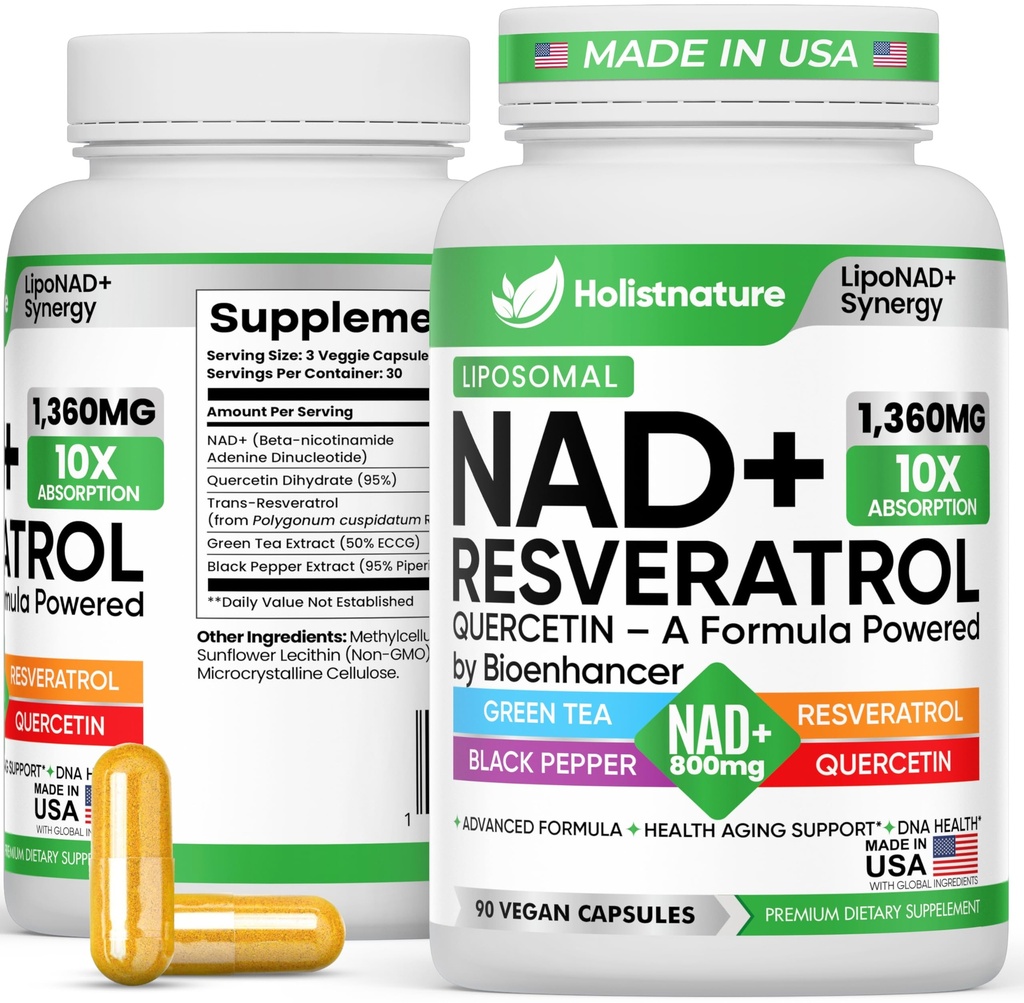 NAD+ Supplement, 1,360mg Max Strength Liposomal | Resveratrol, Quercetin, Green Tea | Cellular Energy & Healthy Aging for Men & Women | 800mg of 100% High Purity NAD+ for Energy, Focus - 90 Capsules