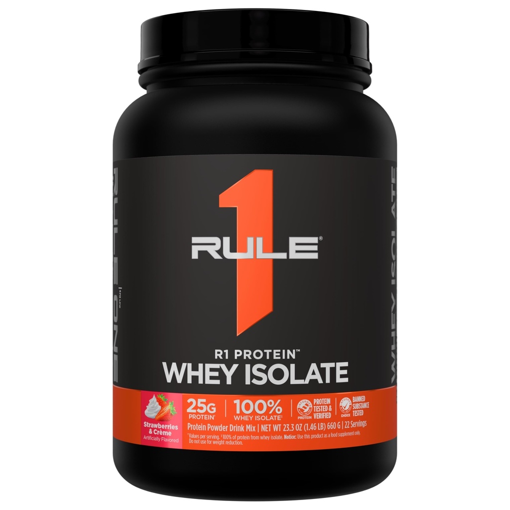 Rule 1 Proteins R1 Protein Whey Isolate, Strawberries & Crème, 22 Servings | 25g of Protein from Whey Isolates and Hydrolysate isolates for Workout Recovery and anytime use