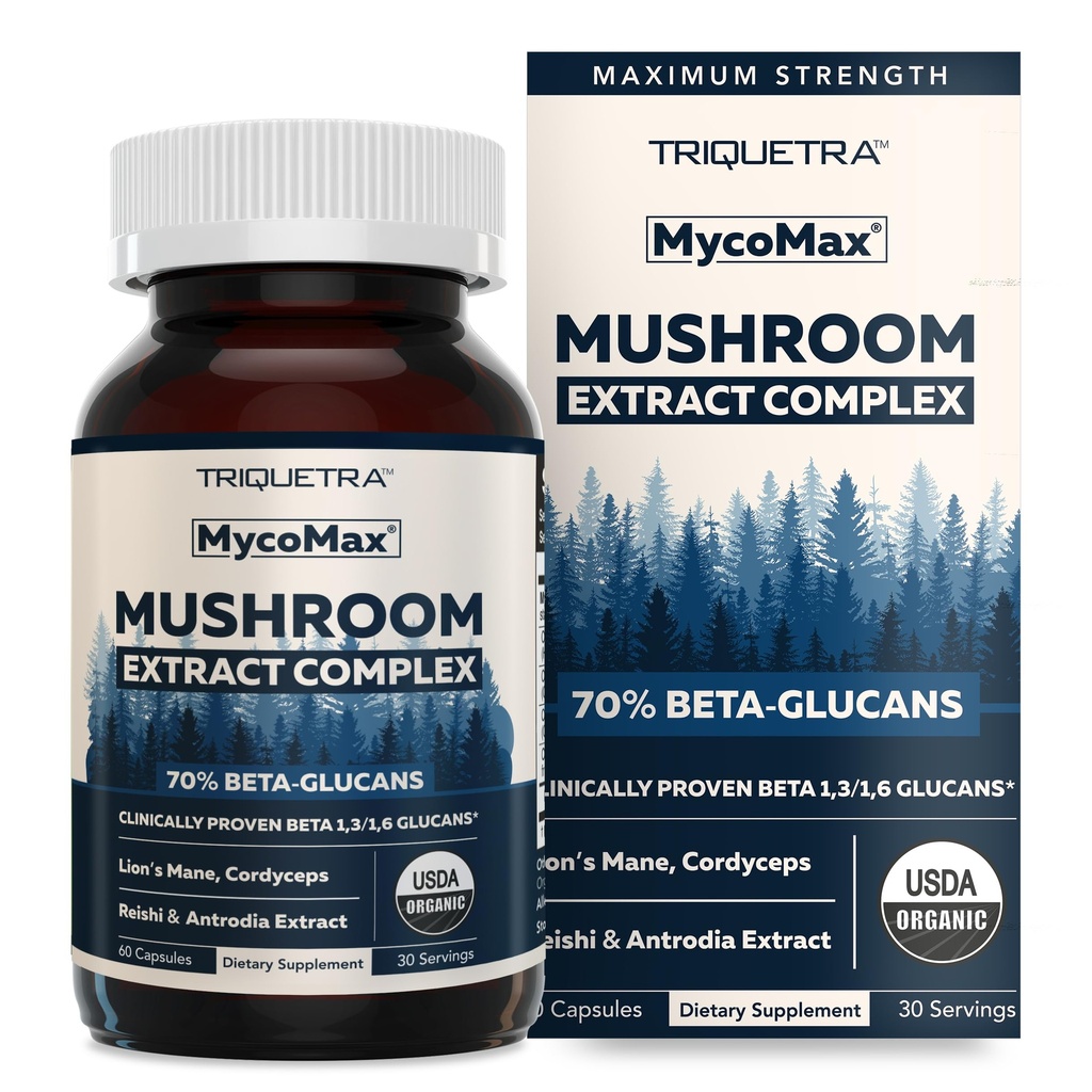 Complexe de champignons MycoMax - 70% Beta Glucans, Supplément de champignons Max Potency, US Grown + Extraction par ultrasons - Lions Mane, Cordyceps, Reishi & More - Cognition, Immunité, Énergie - 60 capsules