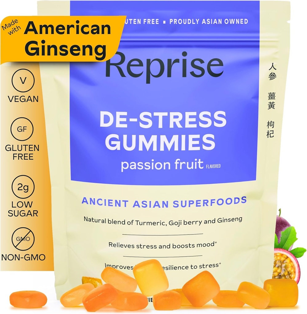 Gummies De-Stress avec Ginseng américain, Turmeric et Goji - Aide pour le soulagement du stress et l'humeur, la relaxation tout-naturelle, faible sucre, 45 Gummies végétaliens, fruits de la passion (45 Gummies (paquet de 1))