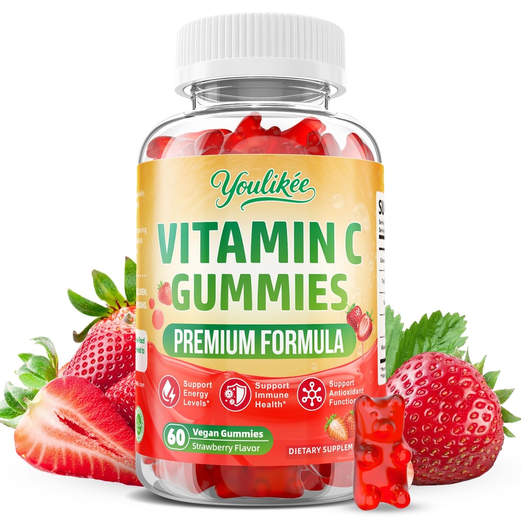Vitamin C Gummies for Adults, Immune Support Supplement for Energy & Antioxidant Protection, Non-GMO, Vegan, Sugar-Free, Strawberry Flavor, 60 Count