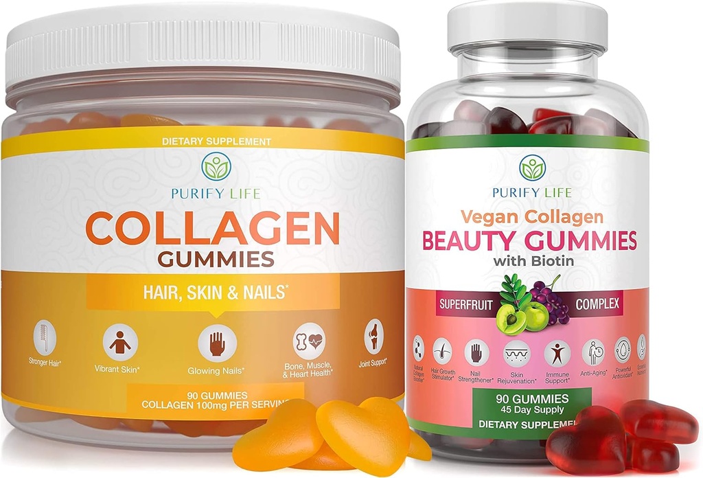 Purify Life Collagen Marine & Vegan Collagen Bundle, Gummies Vitamines pour la peau des cheveux et les ongles Santé (90 Chews), Réducteur de pores et élasticité, Remplacer Capsules, Pills