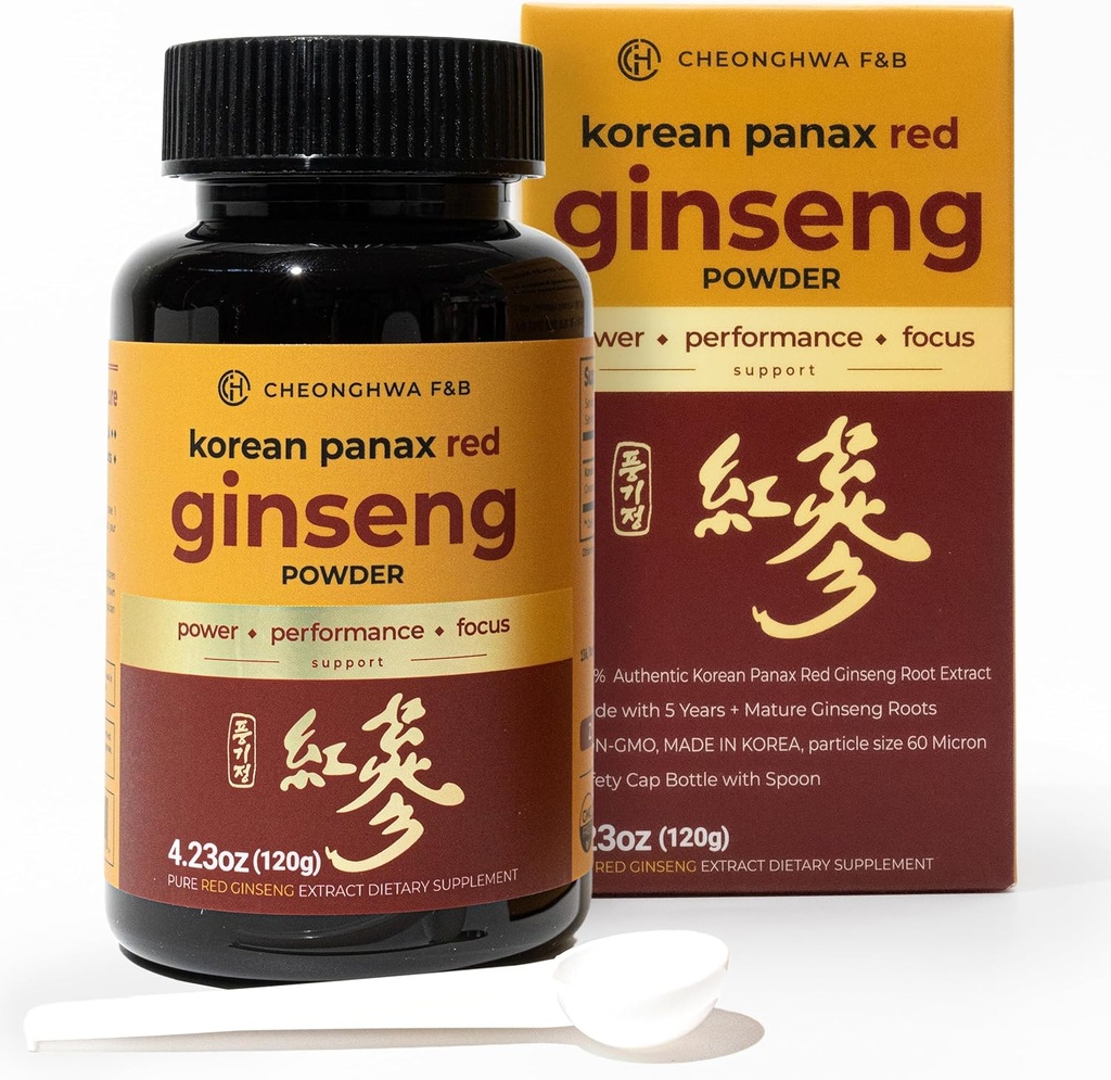 CHEONGHWA F&B Poudre de ginseng panax, 10% de ginsénoside (total 20 000mg, 4 mois d'approvisionnement), 4,23oz, +5 ans de croissance du ginseng panax rouge coréen, Focus & Immune Support, poudre ultra fine, non-OGM