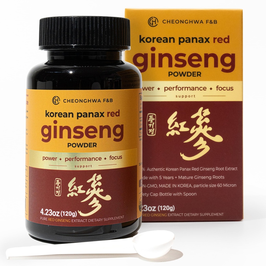 CHEONGHWA F&B Poudre de ginseng panax, 10% de ginsénoside (total 20 000mg, 4 mois d'approvisionnement), 4,23oz, +5 ans de croissance du ginseng panax rouge coréen, Focus & Immune Support, poudre ultra fine, non-OGM