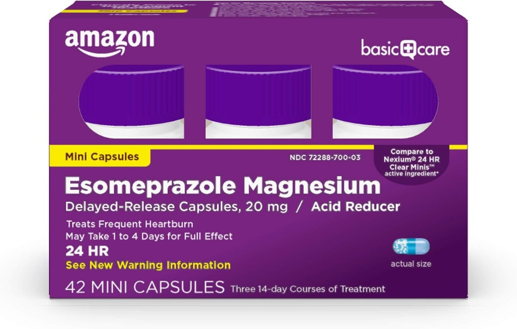 Soins de base Esoméprazole Magnésium Release Mini Capsules, 20 mg, Réducteur d'acide, 24 heures de médecine des brûlures d'estomac, 42 Nombre