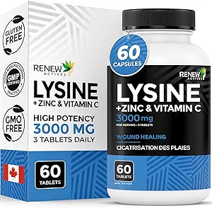 Renouveler les actifs L-Lysine 1000 mg par portion de zinc et de vitamine C – Soutienne la fonction immunitaire, la formation de collagène, le soutien antioxydant et la peau, les cheveux et les ongles sains – Fabriqué au Canada – 60 comprimés