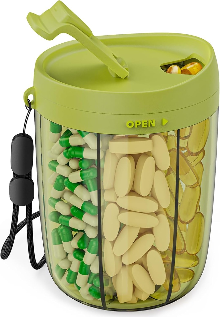 PULIV Grand organisateur de bouteille de pilule, organisateur de supplément pour la détention de 6 vitamines diverses, boîte de pilule Case avec anti-mixage et conception d'ouverture large, facile à récupérer Meds et 20 Pcs Stick-on étiquettes, vert
