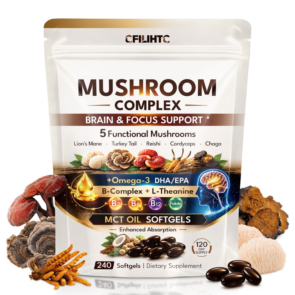 Lion's Mane Supplement - Mushroom Complex with Lion's Mane, Turkey Tail, Reishi, Cordyceps & Chaga, Omega-3 DHA & EPA, B-Complex, L-Theanine - Supports Brain, Memory & Focus - 240 Softgels Capsules