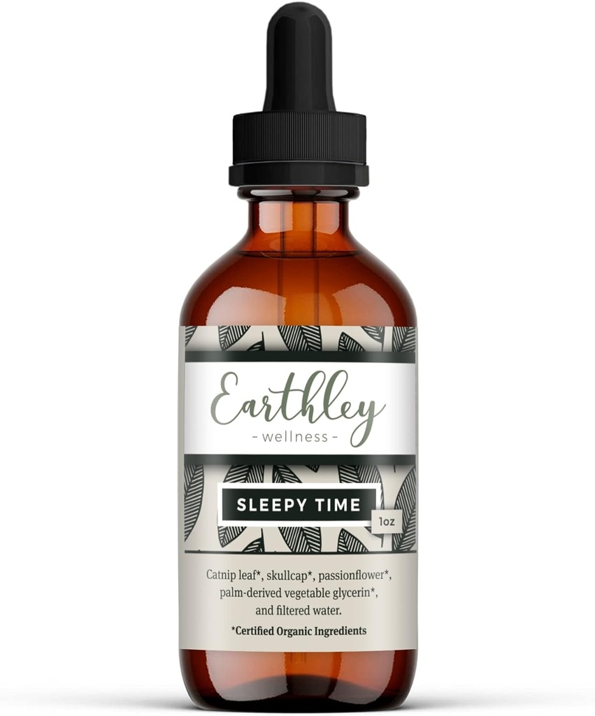 Earthley Wellness Sleepy Time, aide au sommeil à base de plantes naturelles pour les adultes et les enfants, extrait calmant pour la détente et les nuits reposantes, sans alcool, fabriqué avec du catnip, du crâne et du fleur de passion (1oz)
