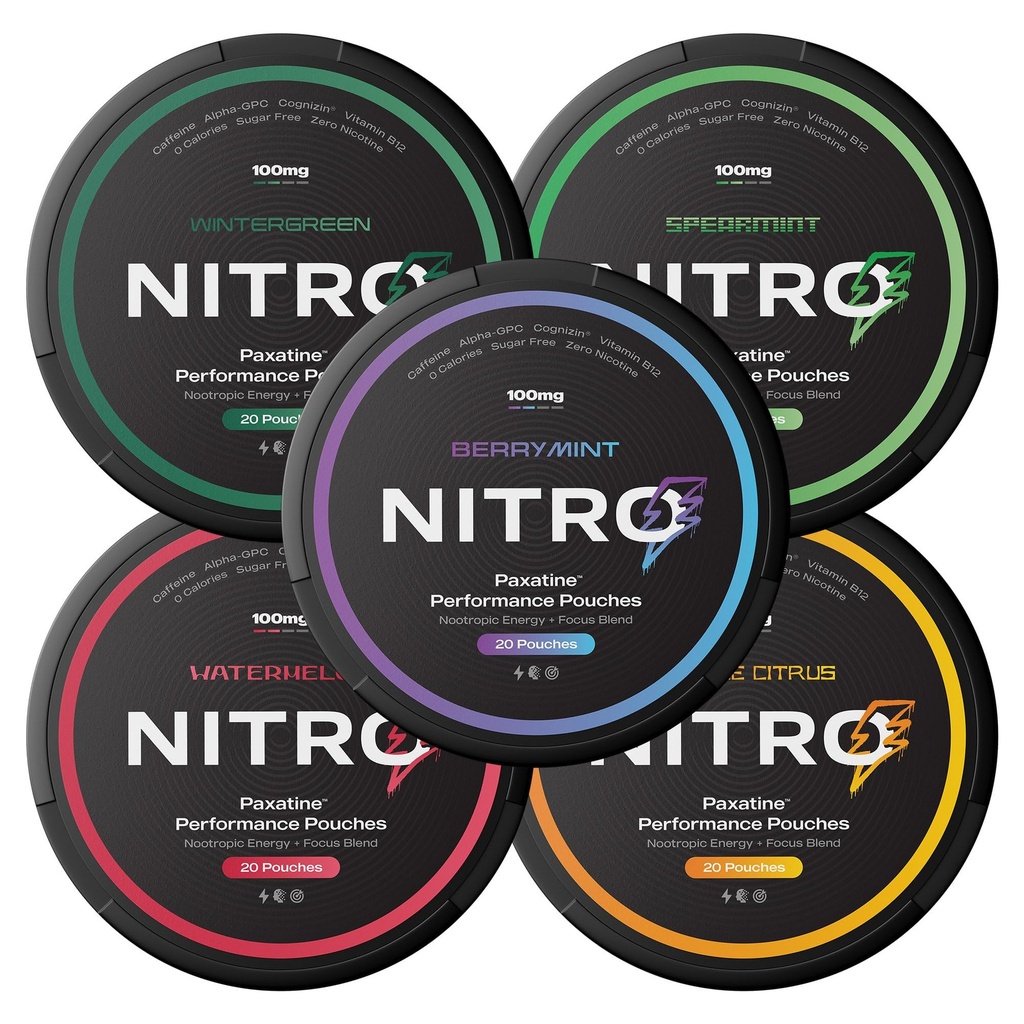 Nitro Nootropic Pouches - Energy + Focus - 100mg Caffeine, Alpha GPC, Cognizin® Citicoline, L-Theanine, Vitamin B12 - No Sugar, Nicotine-Free - 20 Pouches Per Can - 5 Pack - Assorted
