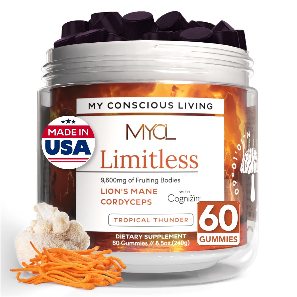 MYCL Limitless 320 mg Cordyceps and Lions Mane Mushroom Gummies for Kids and Adults with 180 mg Cognizin Citicoline - Focus, Mental Clarity, Energy Support - Vegan, Organic, Gluten-Free - 30 Servings