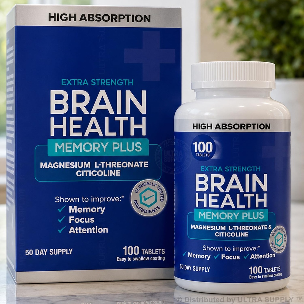 Brain Health Memory Plus • Magnesium L-Threonate & Citicoline Tablets • Supports Focus, Memory & Attention • High Absorption, Caffeine-Free, Easy to Swallow • 100 Count 50-Day Supply..