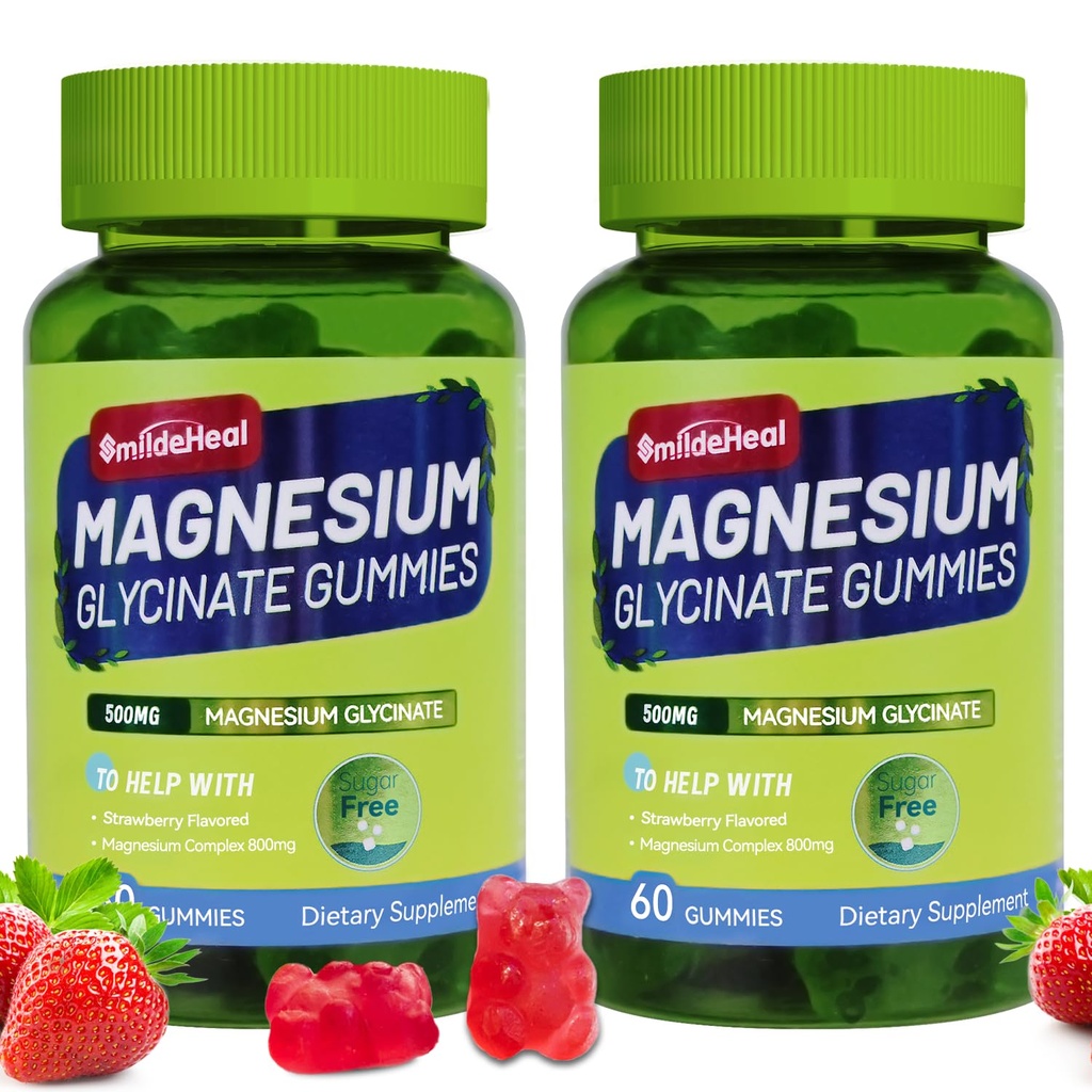Magnesium Glycinate Gummies 500mg with L-Threonate 300mg - Sugar-Free Magnesium Potassium Supplement with Vitamin D, B6, CoQ10 - Strawberry Flavored - 120 Gummies