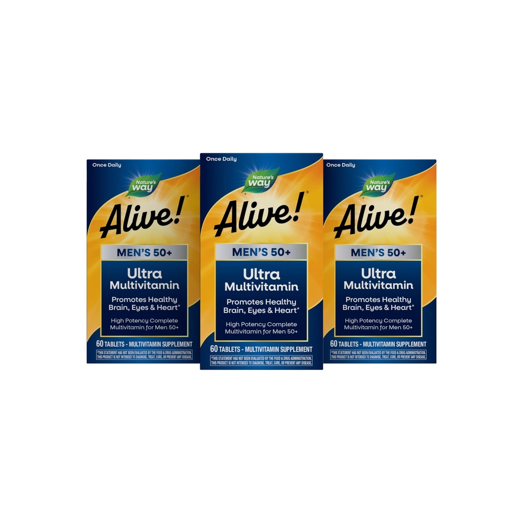 Nature's Way Alive! Ultra Potency Multivitamin for Men 50 Plus, High Potency Formula with Vitamin D3, C, E, Methyl B12, Supports Cellular Energy, Heart, Brain, and Eye Health,* 60 Tablets (Set of 3)