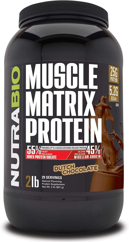 NutraBio Muscle Matrix Protéines en poudre - 25g de protéines par scoop - Whey Isolate et Micellar Casein Combo pour libération rapide et lente - Chocolat hollandais - 2 livres, 28 portions