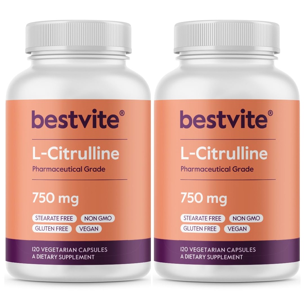 BESTVITE L-Citrulline 750mg par gélule (240 Capsules végétariennes) (120 x 2) - Pas de stéarate - Pas de silice - Pas de remplissage - Non OGM - Sans gluten - Végétalien