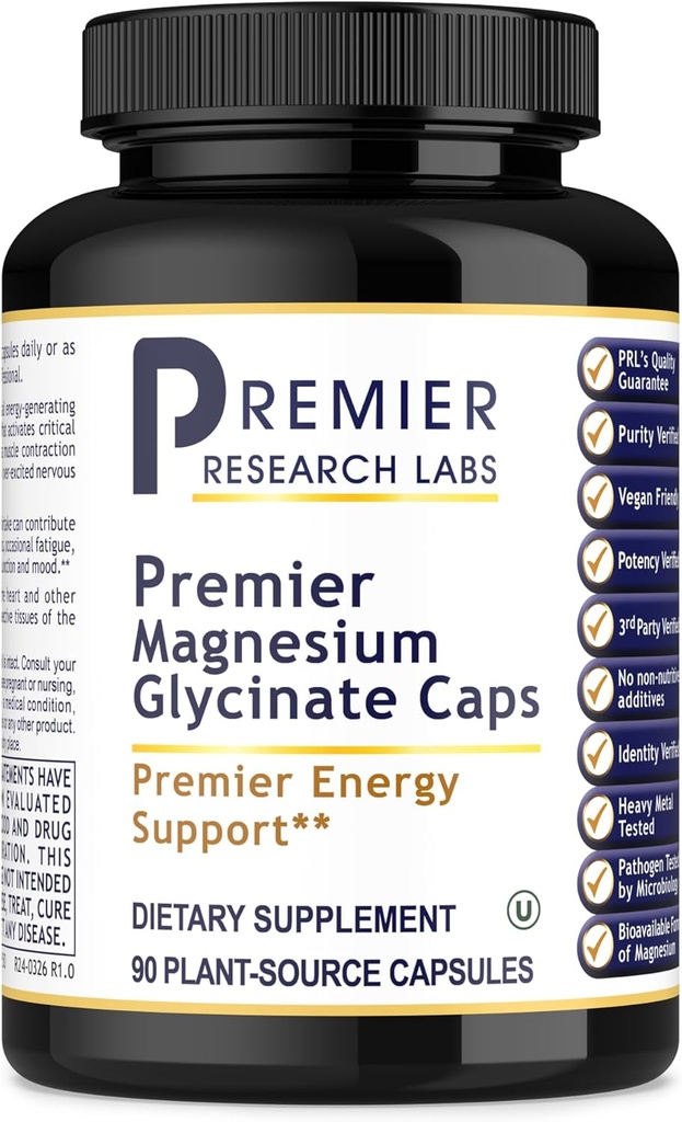 Premier Research Labs Supplément de Glycinat de magnésium - Magnésium pur, haute absorption, soutient la qualité du sommeil, chélaté, végétalien, tiers testé, Premier support énergétique - 90 capsules