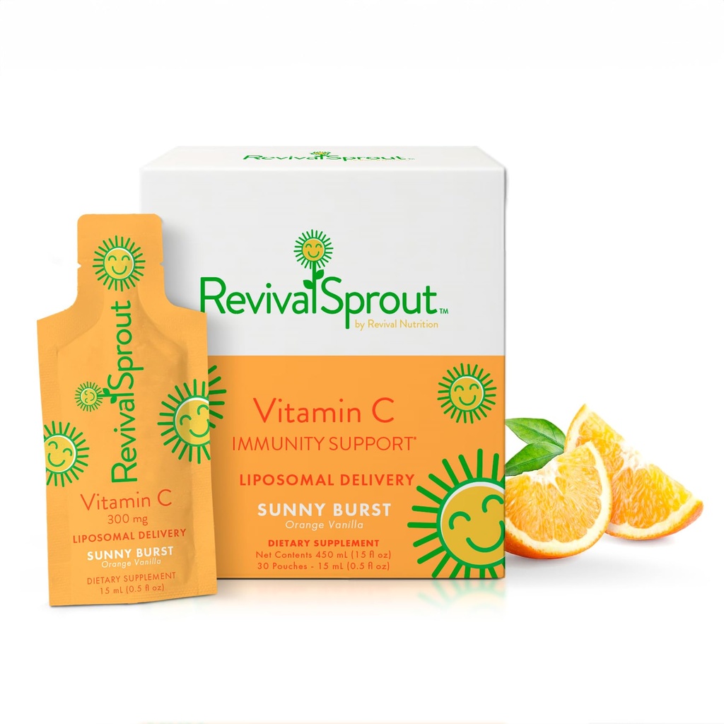 RevivalSprout Liposomal Vitamin C 300mg Liquid – Orange Vanilla – 30 Travel-Ready Single Serve Packets – 0g Sugar – Kids Vitamin C Supplement