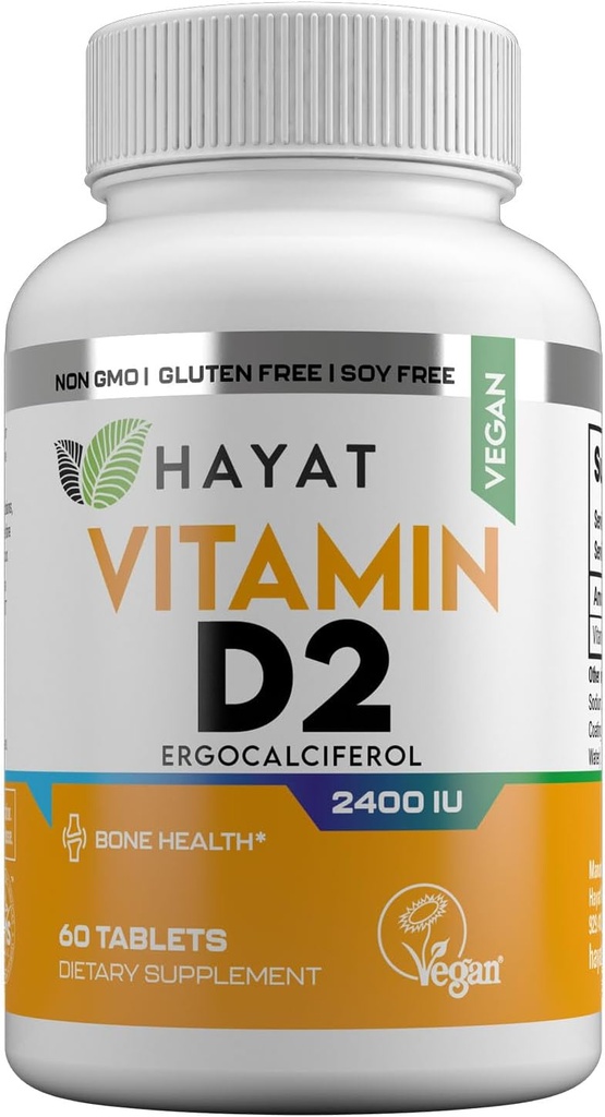 Vitamines HAYAT Vitamine végétalienne D2 2400 UI (60 MCG), supplément alimentaire pour les os, les dents, les muscles et le soutien immunitaire, 2 mois d'approvisionnement, tous naturels, certifiés Halal, 60 comprimés, fabriqués aux États-Unis