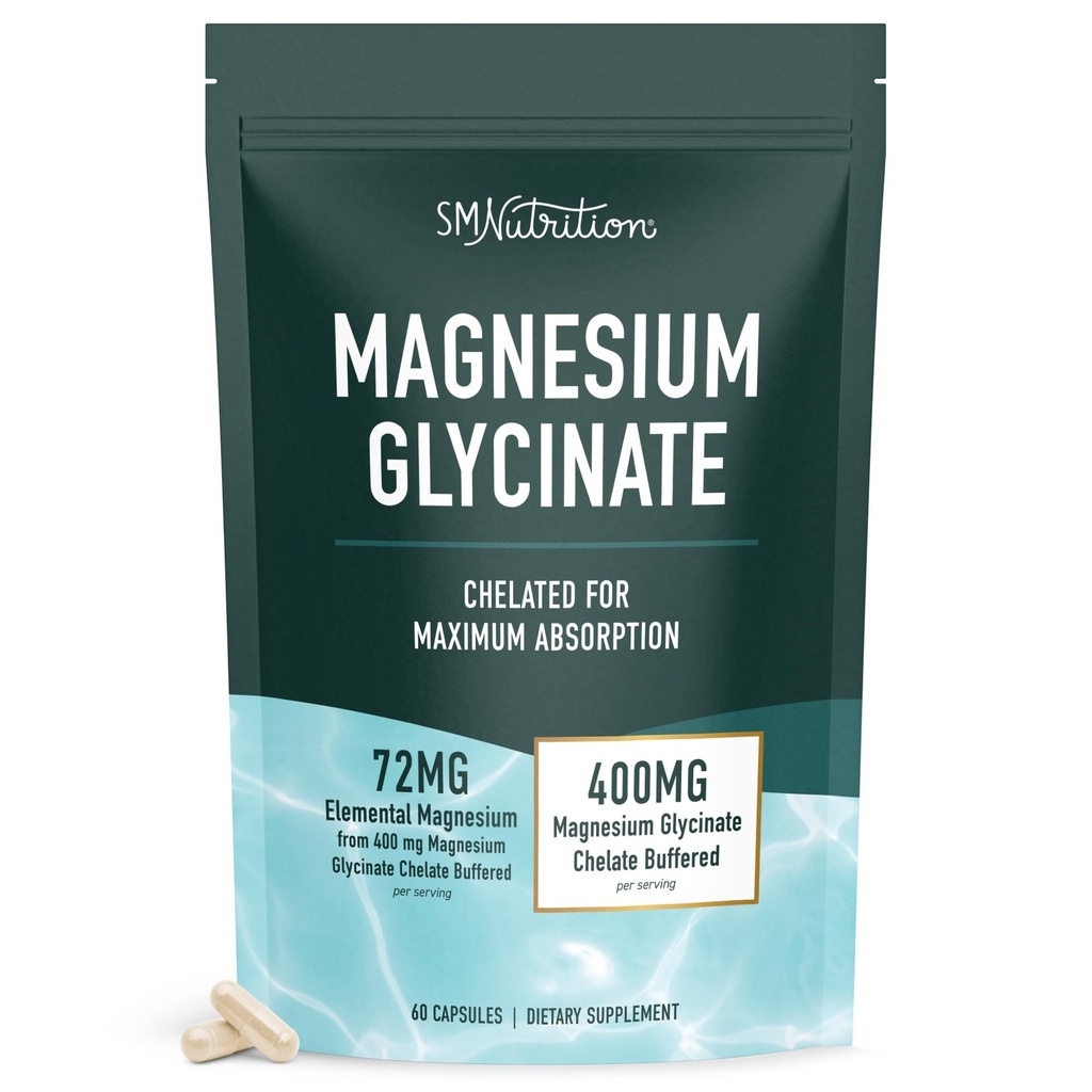 Magnesium Glycinate 400mg | Chelated Magnesium Glycinate for Maximum Absorption & Bioavailability | Sleep, Relaxation, Muscle Health & Energy Support Supplement | Resealable Eco Pack | 60 Capsules