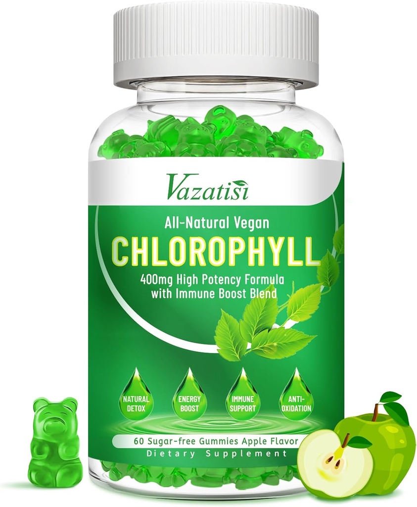 Gummies de chlorophylle - Super Vert 13 en 1 avec Ashwagandha Vitamine C Zinc & Cuivre pour l'odorat corporel, l'énergie cutanée Immune Soutien Déodorant pour les femmes - 60 Comte
