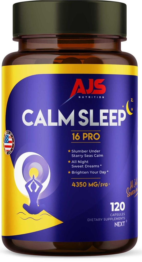 AJS CalmSleep Pro 120CT- Natural Sleep Aid Capsules with Melatonin, L-Theanine, GABA, Magnesium, Valerian, Chamomile, Ashwagandha, Lemon Balm, 5-HTP, B Vitamins & Herbal Blend | Non-GMO, Vegetarian