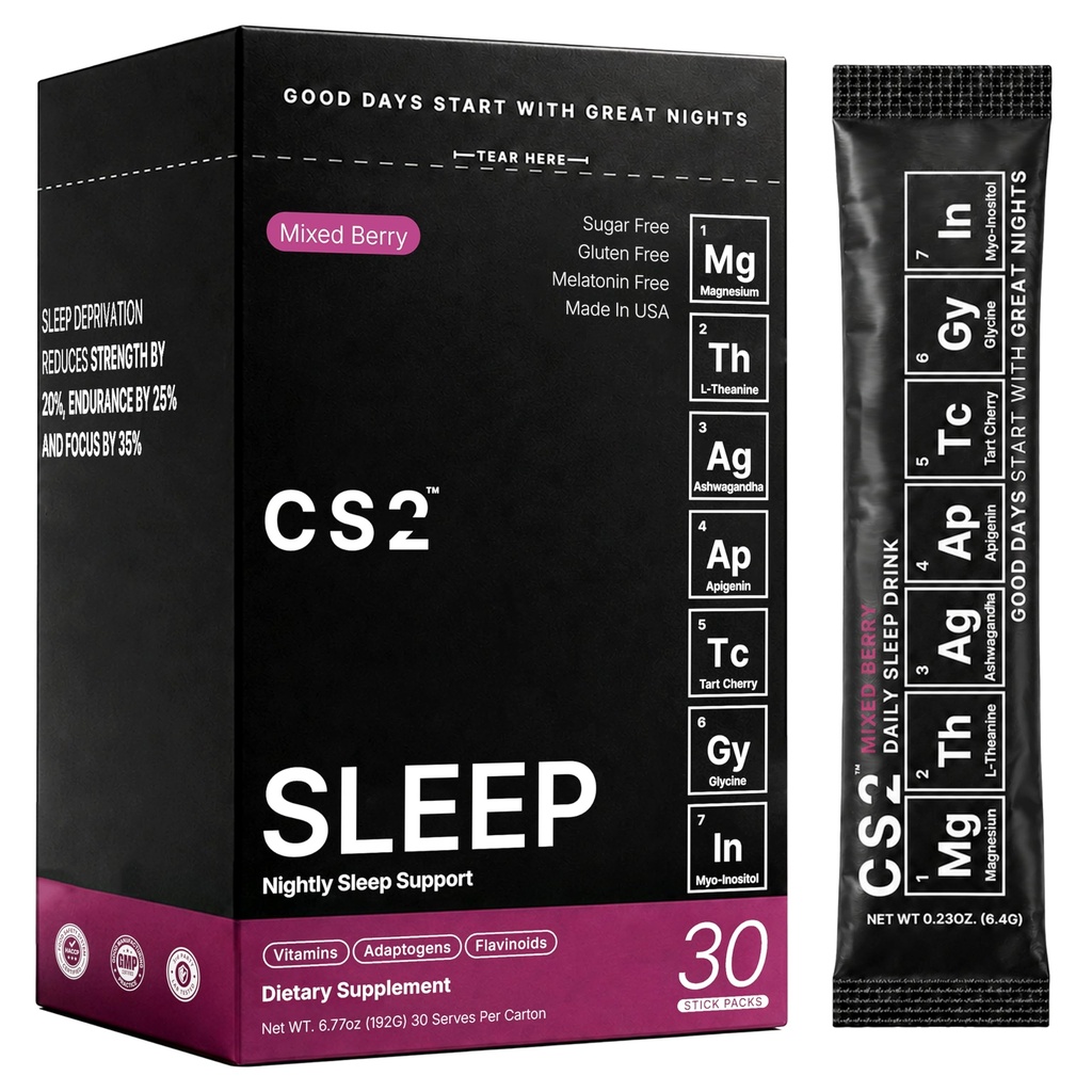 CS2 Sleep Support Drink Mix - Melatonin Free Sleep Support Drink with Magnesium Glycinate, L-Theanine, Ashwagandha, Apigenin, Tart Cherry - Non-Habit Forming, Sugar-Free, Mixed Berry
