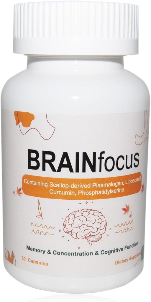 Suppléments Cerveau Vitamine E pour la mémoire et la concentration,Soutien au drainage avec Curcumine,Plasmalogen & Liposomal pour une fonction cognitive et une concentration accrues,60 portions
