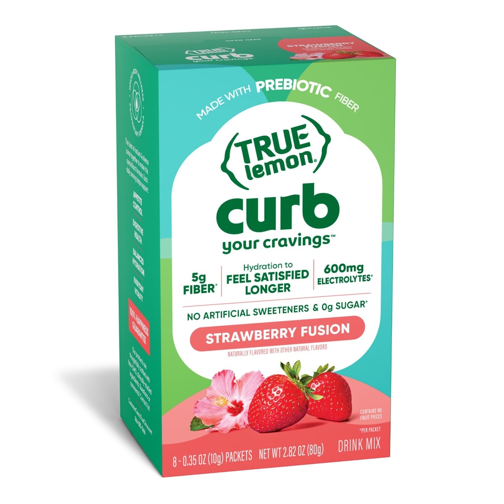 True Lemon Curb Strawberry Drink Mix Packets, Appetite Control Sugar Free Water Enhancer with Prebiotic Fiber, EGCG & Electrolytes, Hydration Powder for Cravings Control & Gut Health, 8 Count
