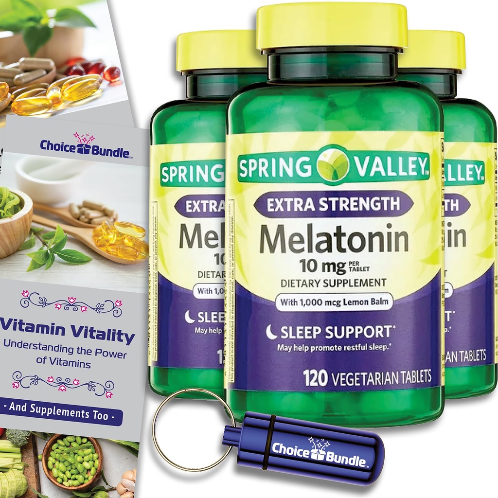 Spring Valley Extra Strength Melatonin Tablets with Lemon Balm Dietary Supplement for Support 10 mg 120 Ct 3 pk (360 Total) + Vitamin Vitality & Pill Container (5 Items)!