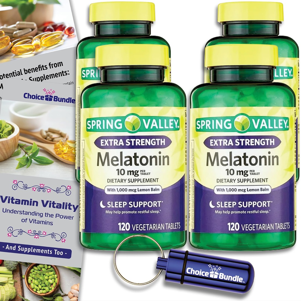 Spring Valley Extra Strength Melatonin Tablets with Lemon Balm Dietary Supplement for Sleep Support 10 mg 120 Ct 4 pk (480 Total) + Vitamin Vitality & Pill Container (6 Items)!