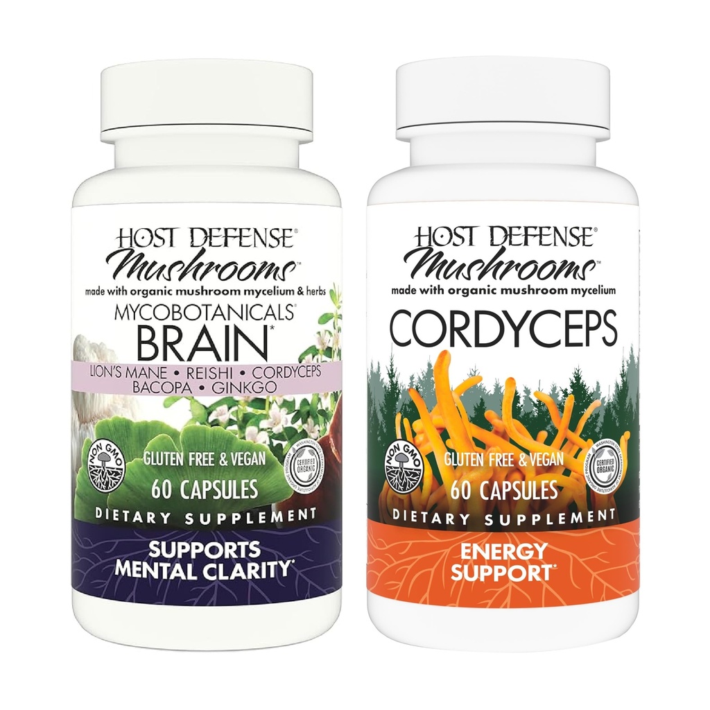 Host Defense Bundle with MycoBotanicals Cerveau* Capsules, 60 Count & Cordyceps Capsules, 60 Count - Support Mémoire & Focus - Support Imune Santé & Énergie*