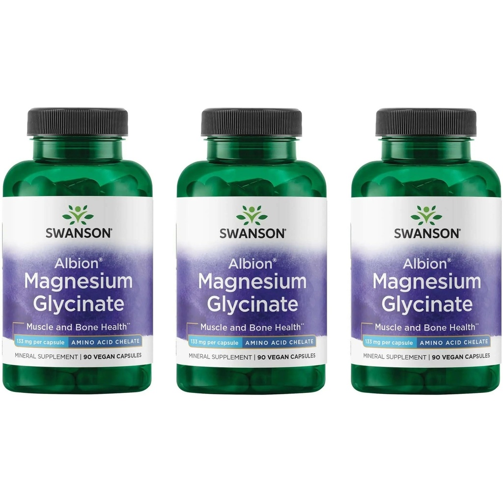 Swanson Albion Magnesium Glycinate - Chelated Magnesium Supplement for Bone, Nerve, Muscle & Heart Health - Encourages Relaxation for a Healthy Sleep Cycle* - Vegan & Non-GMO - 90 Capsules (3 Pack)