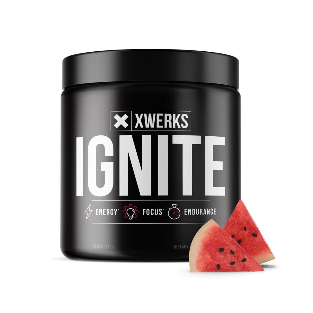 Xwerks Ignite Watermelon Pre Workout Powder, Natural Keto Pre Workout pour les femmes et les hommes avec l'énergie explosive, sans gluten mélange pour l'endurance et l'endurance, 150mg caféine, 30 portions