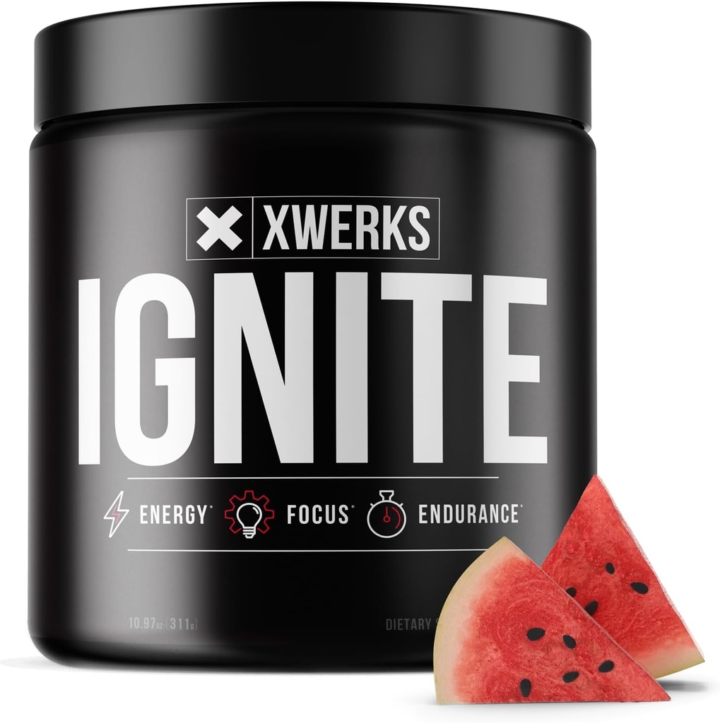 Xwerks Ignite Watermelon Pre Workout Powder, Natural Keto Pre Workout pour les femmes et les hommes avec l'énergie explosive, sans gluten mélange pour l'endurance et l'endurance, 150mg caféine, 30 portions
