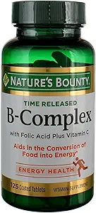Complexe Vitamine B selon le Bounty de la nature, Supplément de vitamine dans le temps avec acide folique plus vitamine C, soutient le métabolisme énergétique et la santé du système nerveux, 125 comprimés (paquet de 3)