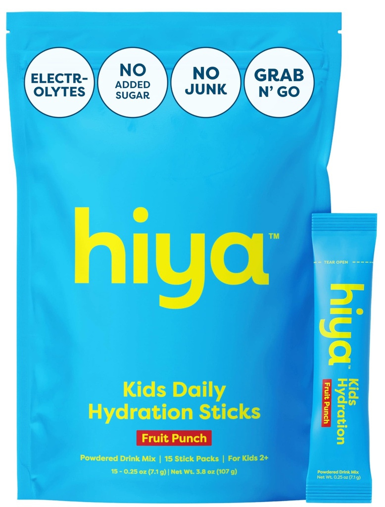 HIYA Kids Hydration with Electrolytes - Zero Added Sugar Fruit Punch Flavored Kids Hydration Packets - 15 Sticks - Travel-Friendly Drink Mix for Children Ages 2+