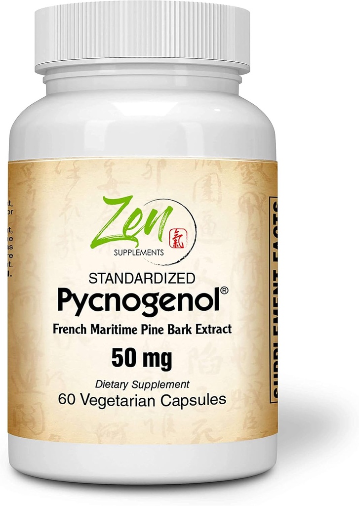 Suppléments Zen Pycnogenol 50mg - Extrait d'écorce de pin Maritime français normalisé pour antioxydant et support d'inflammation - sans OGM, sans gluten et sans soja 60-Vegcaps