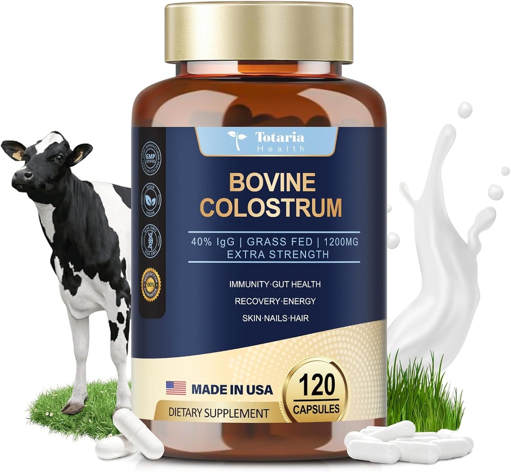 Totaria Bovine Colostrum Supplement Capsules pour Gut Health, Hair Growth, Beauty and Immune Support - USA Farm Grass Fed - No Fillers, GMP certifié Calostro Bovino para Adultos Organico, 60 portions