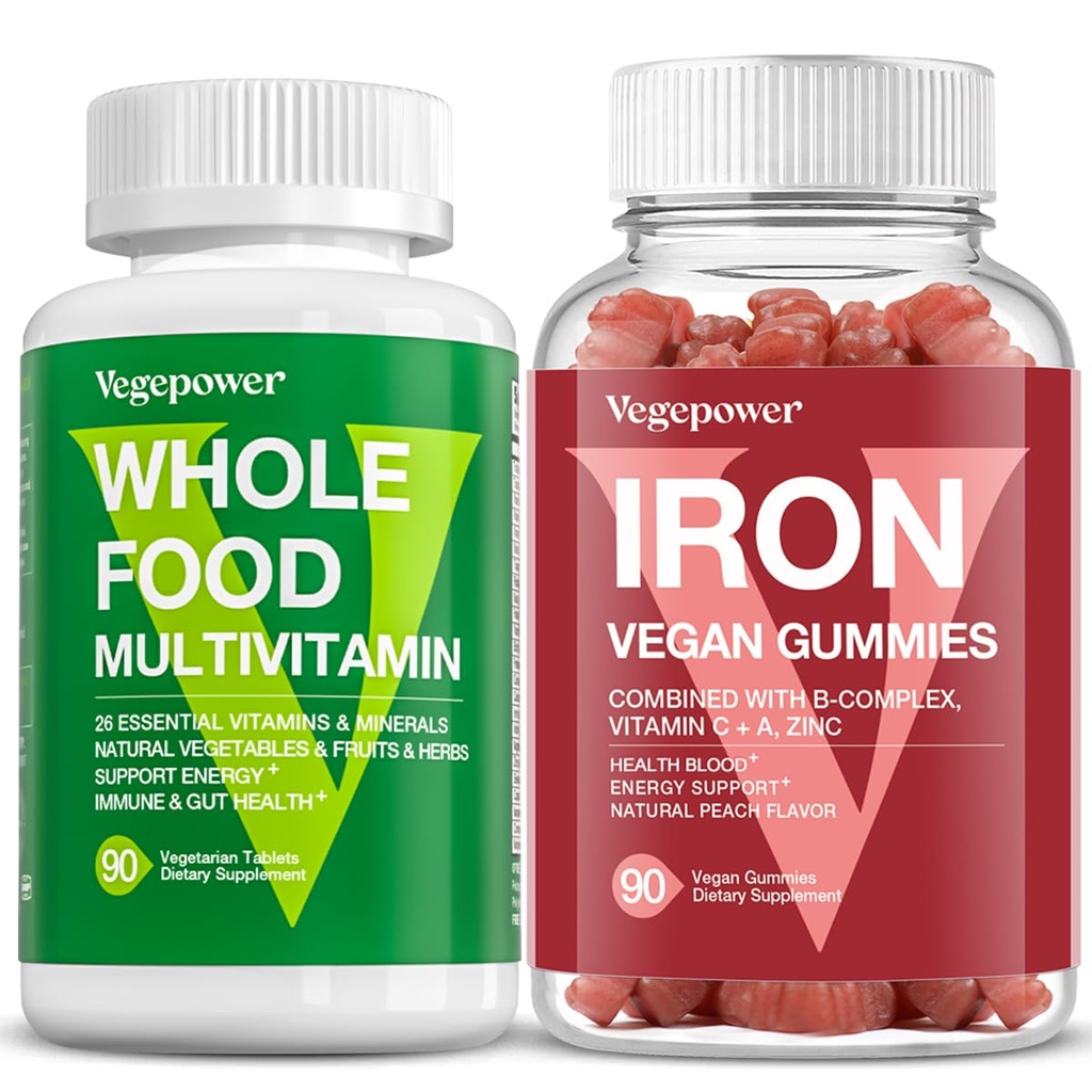 Multivitamine d'aliments entiers + Gummies de fer. Supplément d'aliments entiers pour l'énergie, Gut, Santé immunitaire.
