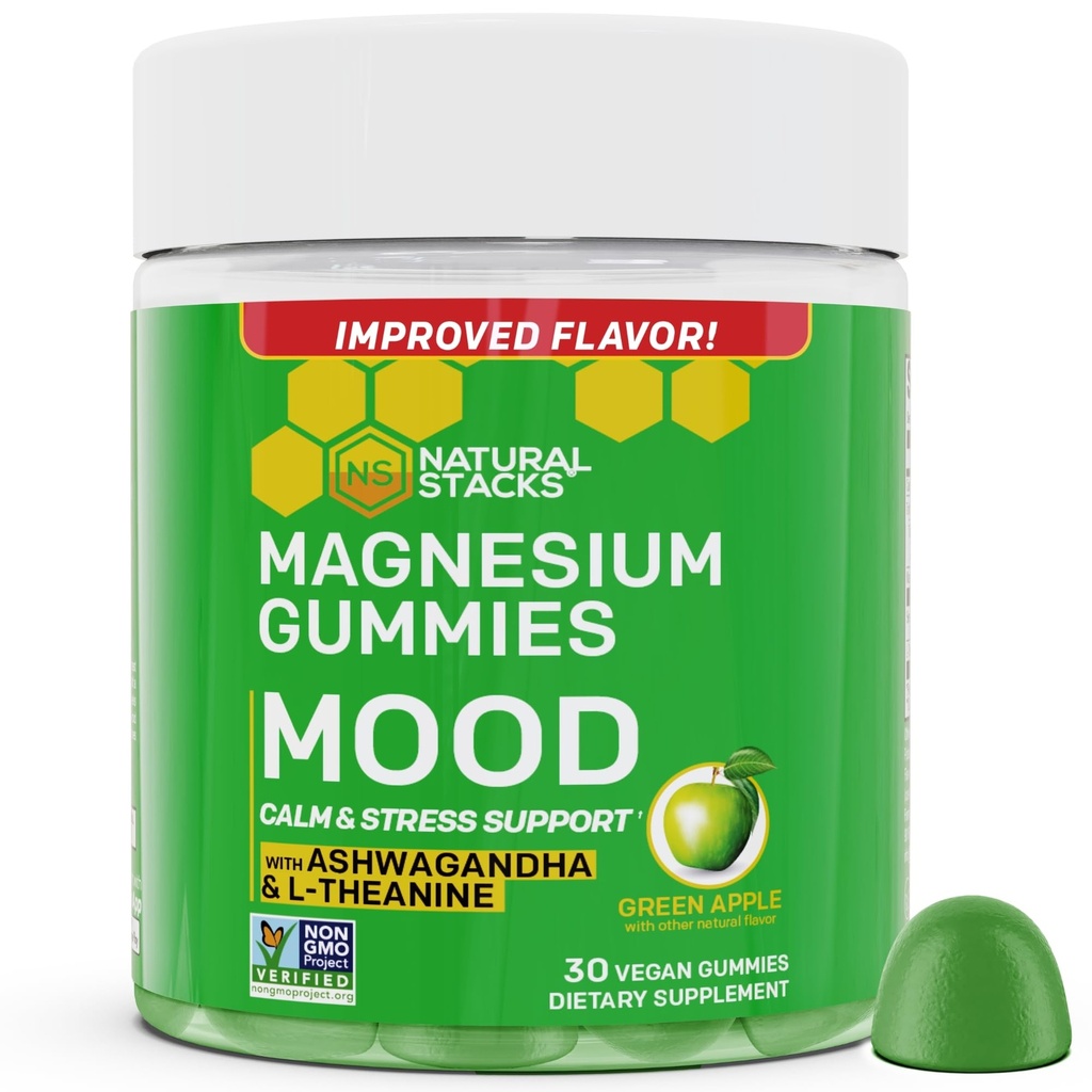 Mood Magnesium Gummies - 200mg Magnesium Citrate et 125mg Sensoril Ashwagandha Gummies - avec L Theanine pour le calme et le stress Support - Mag Citrate et supplément Ashwagandha - 30 pommes vertes Chewables