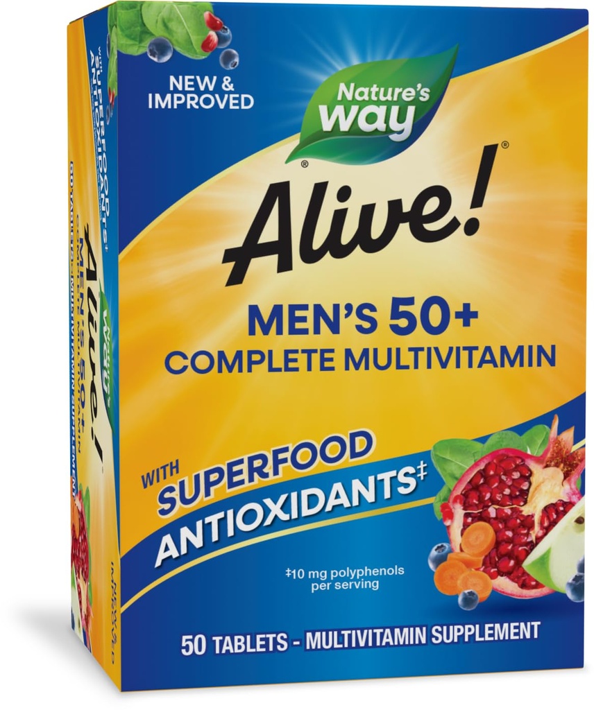 Nature's Way Alive! Men's 50+ Multivitamin Complete Tablets, Daily Multivitamin for Men Over 50, Supports Cellular Energy Metabolism, Heart, Muscle & Eye Health*, High Potency Vitamins, 50 Tablets