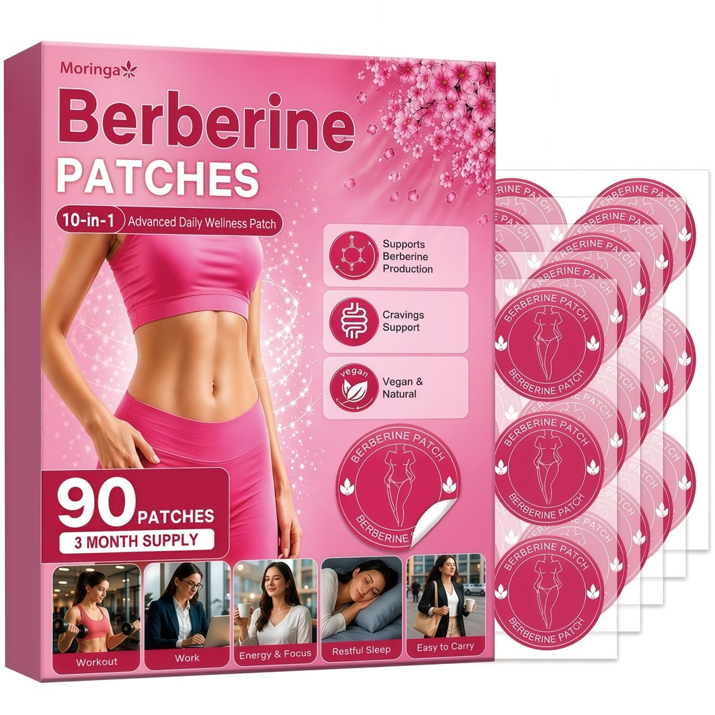 GLPLUS-1 Patches, Berberine Patches for Women & Men, Moringa Berberine Patch, 10-in-1 Nano Patch, 8-Hour Long-Lasting Formula Support with L-Glutamine, Moringa, Pomegranate and Cinnamon, 90Pcs