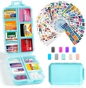 14 Grilles Boîte d'organisateur de pilules de voyage avec 415-Pcs Medicine Name Etiquettes - Pocket Daily Pharmacie Trousse de contenants - Distributeur de médicaments de voyage pour l'huile de poisson - Sky Blue